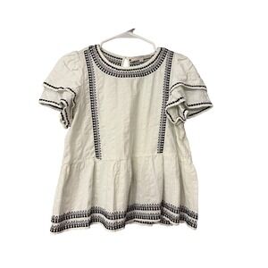LOFT‎ Womens Peasant Top Blouse White Black Short Sleeve Boho Size S